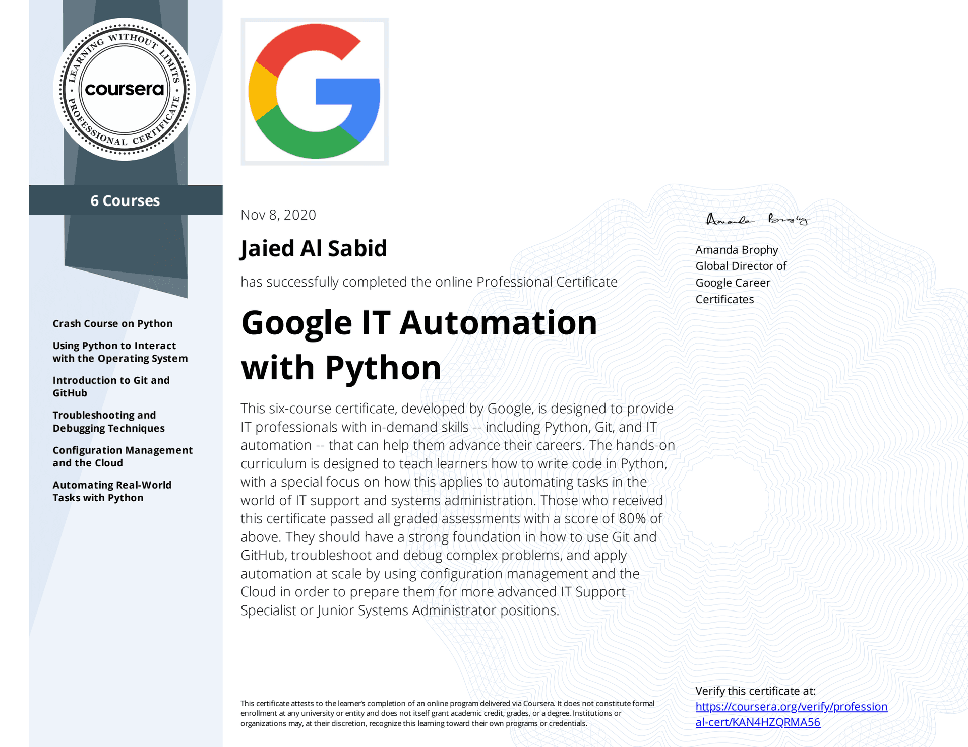 Google IT Automation with Python Specialization