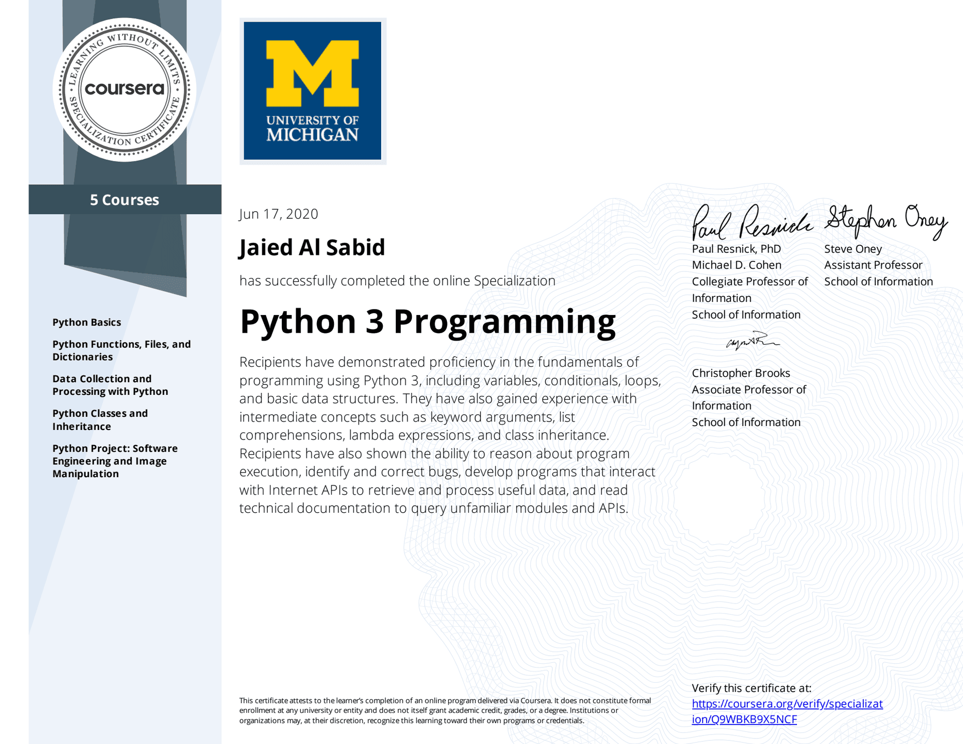 Python 3 Programming Specialization
